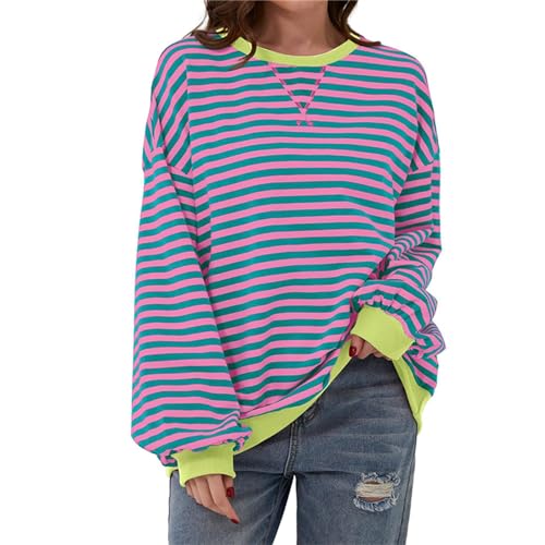 Shujin Damen Oversized Sweatshirt Gestreift Color Block Rundhals Langarmshirt Striped Long Sleeve dupes Lässig Lose Pullover Y2K Shirt Casual Oberteile Tops(Grün&Rosa,XL) von Shujin