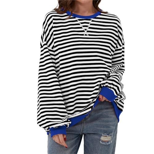 Shujin Damen Oversized Sweatshirt Gestreift Color Block Rundhals Langarmshirt Striped Long Sleeve dupes Lässig Lose Pullover Y2K Shirt Casual Oberteile Tops(Schwarz&Weiß,XL) von Shujin