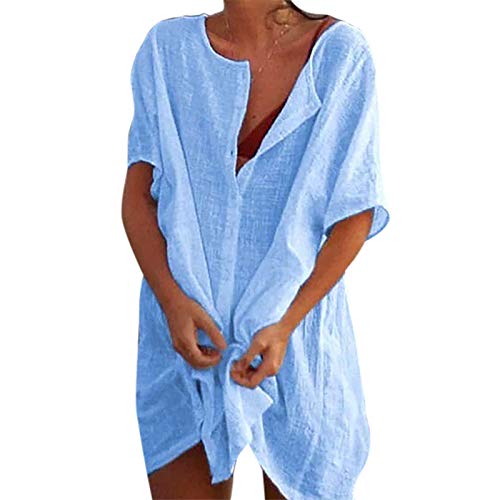 Shujin Damen Strandkleid Bikini Cover Up V-Ausschnitt Sommer Strandponcho Bademode Strandtunika Oversized Sommerkleid Vertuschen Shirt für Urlaub(Blau,M) von Shujin