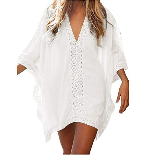 Shujin Damen Strandkleid Bikini Cover up V-Auschnitt Strandponcho Pareos Chiffon Loose Fit Sexy Kleid Transparent Strand Sommer Tunika mit Spitzen (Weiß,One Size) von Shujin