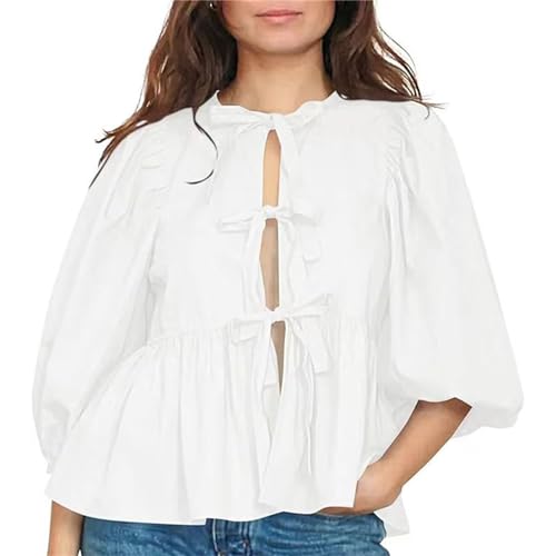 Shujin Damen Y2K Top mit 3/4 Puffärmeln Schößchen Vorne zum Binden Schnürung Schleife Sommer Rüschensaum Babydoll Blusen lässiges Lockere Hemd Shirt Streetwear(Weiß,S) von Shujin