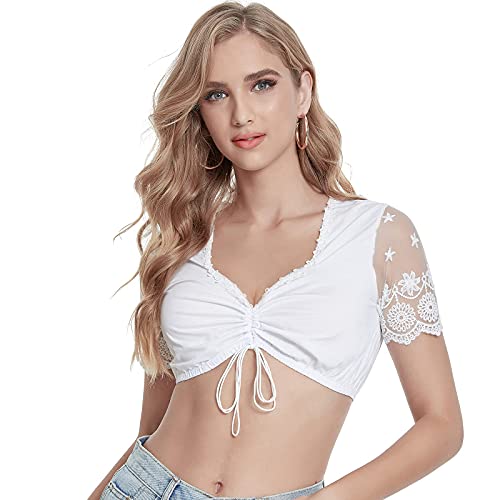 Shujin Dirndlbluse Damen Weiß Dirndl Bluse Spitze Trachtenbluse Trachtenmode Elegante Bluse Kurzarm Transparent Spitzendirndlbluse für Oktoberfest(C Weiß,34/Etikettengröße S) von Shujin