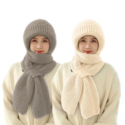 Shujin Integrierter Gehörschutz Winddichte Mütze Schal, Verdickter Warmer Schal mütze, Damen 2 in 1 Mützenschal Strickmütze Winter Kapuzenschal für Frauen(Beige+Weizenfarbe) von Shujin