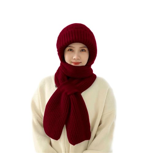 Shujin Integrierter Gehörschutz Winddichte Mütze Schal, Verdickter Warmer Schal mütze, Damen 2 in 1 Mützenschal Strickmütze Winter Kapuzenschal für Frauen(Weinrot) von Shujin