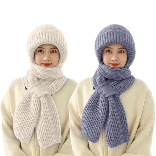 Shujin Integrierter Gehörschutz Winddichte Mütze Schal,Kapuzenschal für Frauen Winter,2 in 1 Winterschal Mütze Verdickter Warmer Strickmütze(Beige+Grau,One Size) von Shujin