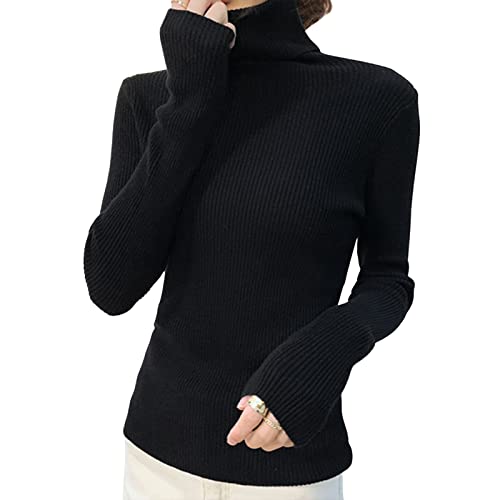 Shujin Rollkragenpullover Damen Dünn Pullover Basic Langarm Strickpullover Weich Stretch Strickpulli Elegant Slim Fit Einfarbig Pulli Sweatshirts für Herbst Winter(Schwarz,One Size) von Shujin