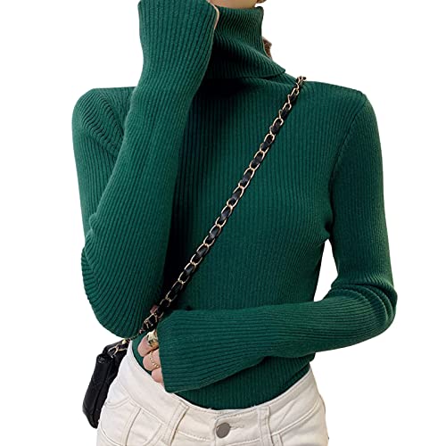 Shujin Rollkragenpullover Damen Dünn Pullover Basic Langarm Strickpullover Weich Stretch Strickpulli Elegant Slim Fit Einfarbig Pulli Sweatshirts für Herbst Winter(Schwarzgrün,One Size) von Shujin