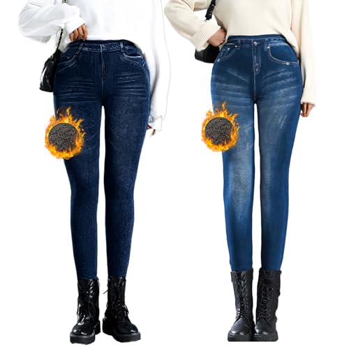 Shujin Thermo Jeggings Damen Jeansoptik Hose mit Innenfutter High Waist Slim Fit Treggings Seamless Thermoleggins Stretch Warm Skinny Jeanshosen Denim Jeans Tights(A01 Blau+D01 Blau,S) von Shujin