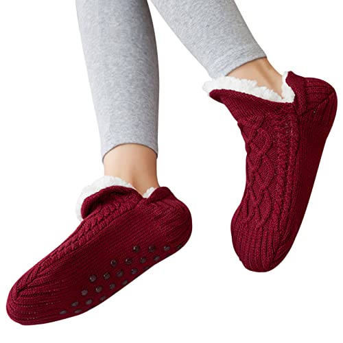 Shujin Unisex Kuschelsocken mit ABS Sohle Winter Strick Stoppersocken Warme Hüttensocken Dicke Hausschuhe Socken Bettscoken Flauschig Pantoffelsocken(Weinrot,35/39 EU) von Shujin