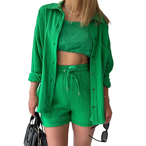 Shujin Zweiteiler Damen Sommer Langarm Revers Bluse und High Waist Shorts Plissee Set Elegant Hosenanzug 2 Teilige Outfit Freizeitanzug Kurz Loungewear Y2k Streetwear(Grün,M) von Shujin