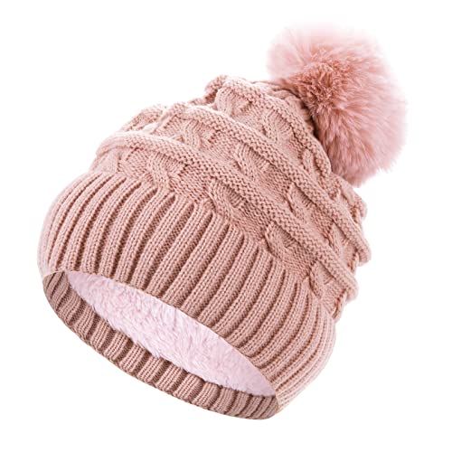 Sibba BommelmüTze FüR Frauen Winter Beanie MüTzen Thermo Fleece GefüTterte MüTze Damen StrickmüTze WollmüTzen Mit Kunstfell Pom Pom Rose EinheitsgrößE Kunstpelz Bommel Warm Gestrickt Hut von Sibba