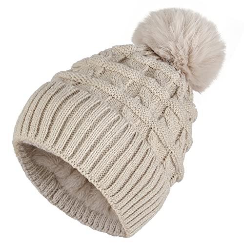 Sibba Strickmütze Bommelmütze für Damen Winter warme Cuffed Strick Beanie Dick Futter Hüte Thermo Gefütterte Fleece Slouch Wintermütze Wollmützen Gestrickte mit Kunstfell Pelzbommel Pom Frauen Beige von Sibba