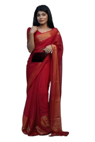 Sidhidata Damen Chiffon Ready To Wear One Minute Saree Mit Unstitched Bluse Stück, Rot, Einheitsgröße Sidhidata Damen Chiffon Ready To Wear One Minute Saree Mit Unstitched Bluse Stück, Rot, Einheitsgröße von Sidhidata