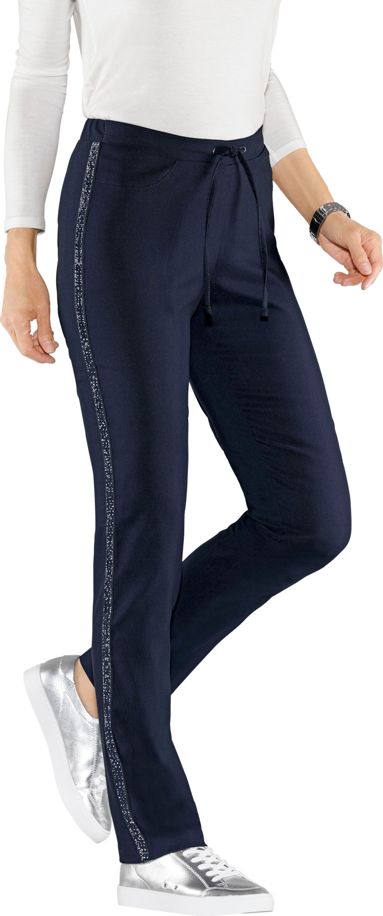 Sieh an! Damen Stretch-Hose mit seitlichen Glitzerstreifen, marine von Sieh an!