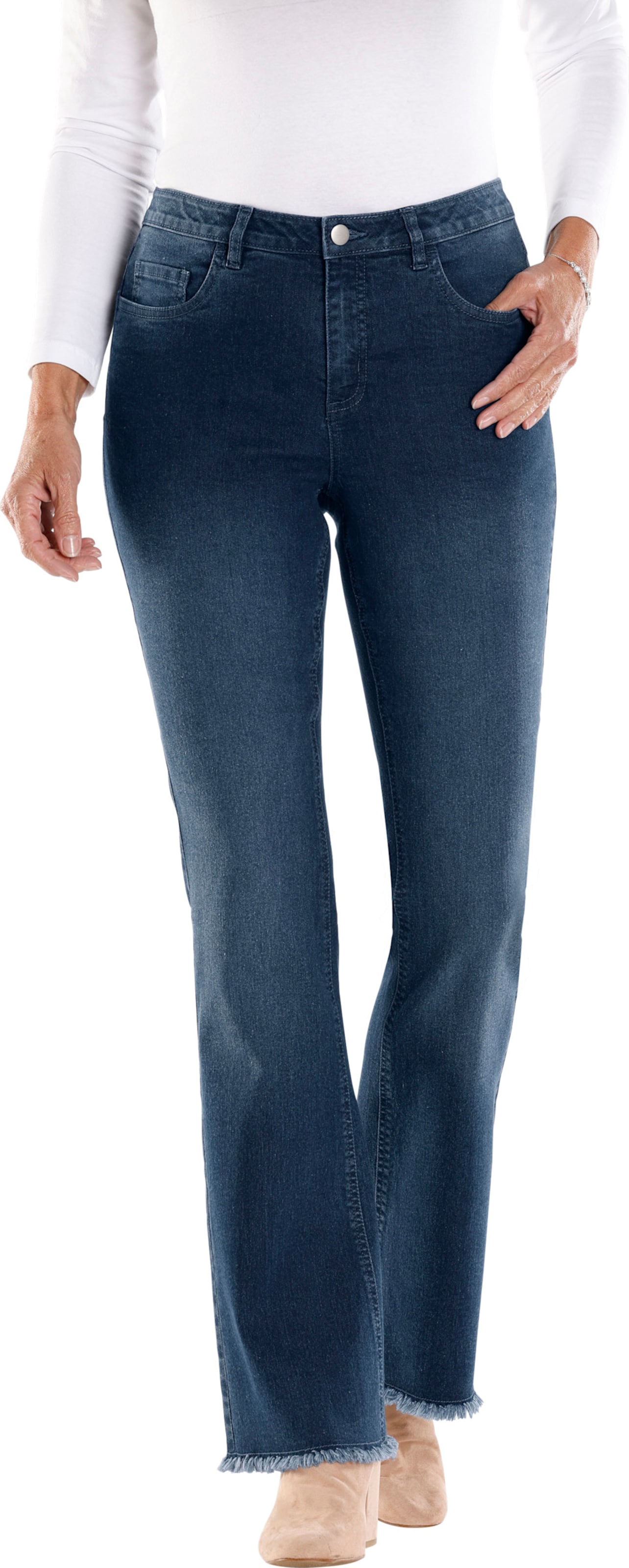 Sieh an! Damen Bootcut-Jeans mit Fransen, blue-stone-washed von Sieh an!