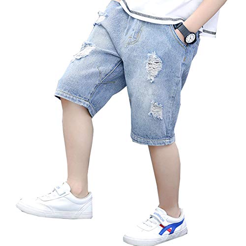 Kinder Jungen Sommer Abschürfungen Kurze Hose Jeanshose Jeans Shorts mit Elastischem Bund (150 for Height 140-145cm, Blau) von Siehin