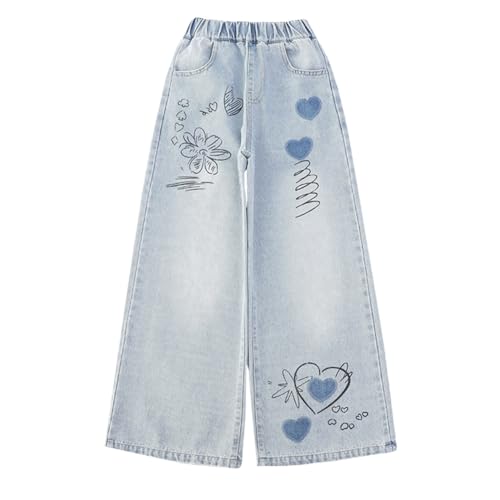 Siehin Mädchen Jeanshose mit Elastischem Bund Kinder Weitem Bein Denim Freizeithose Straight Jeans Streetwear Siehin Mädchen Jeanshose mit Elastischem Bund Kinder Weitem Bein Denim Freizeithose Straight Jeans Streetwear von Siehin