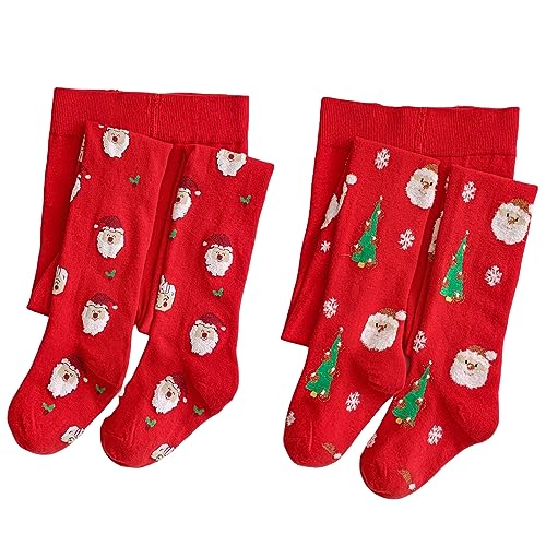 Silkglory 2 Stück Weihnachts Baby Strumpfhosen, Strumpfhosen für Mädchen mit Weihnachtsmann und Weihnachtsbaumschmuck Leggings Strümpfe Baumwollstrumpfhosen für Neugeborene Kleinkinder Rot 4–6 Jahre von Silkglory