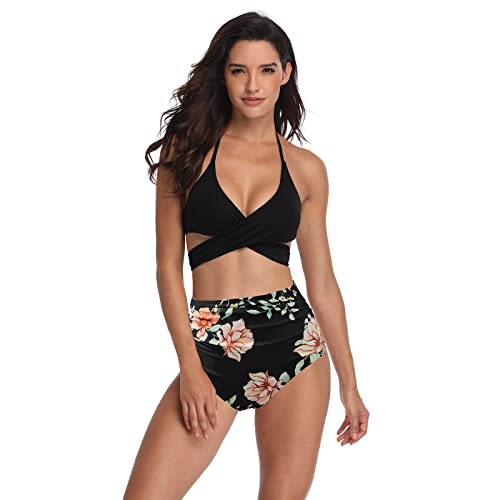 Silkglory Badeanzug Damen Bauchweg, Bikini Damen Halfter Sexy String Bikini Damen Push Up Zweierpack,Schwarzer Bikini Set mit Blumenmuster und Hoher Taille Badeanzug Damen - XL von Silkglory