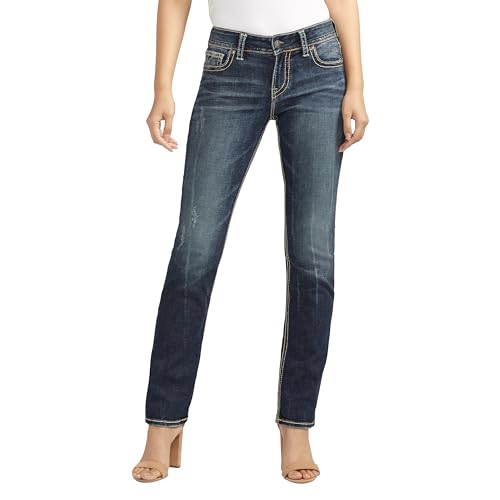 Silver Jeans Co. Damen Suki Curvy Fit Mid Rise Straight Leg Jeans, Vintage Dark Wash mit Lurex-Stich, 32W x 30L von Silver Jeans Co.