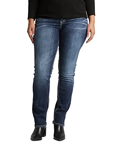 Silver Jeans Co. Damen Suki Curvy Fit Mid Rise Straight Leg Plus Size Jeans, Vintage Dark Wash mit Lurex-Stich, 52 Mehr Kurz von Silver Jeans Co.