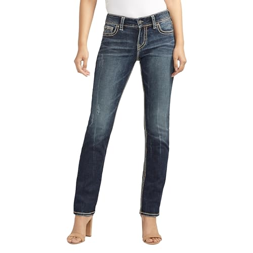 Silver Jeans Co. Damen Suki Mid Rise Curvy Fit Straight Leg Jeans, Vintage Dark Wash mit Lurex-Stich, 29W x 36L Silver Jeans Co. Damen Suki Mid Rise Curvy Fit Straight Leg Jeans, Vintage Dark Wash mit Lurex-Stich, 29W x 36L von Silver Jeans Co.