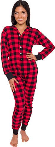 Silver Lilly Damen Buffalo Plaid Flapjack Pyjama - Winter One Piece PJs - Weicher, bequemer Urlaub Jumpsuit, Rot/Schwarz kariert, XS von Silver Lilly