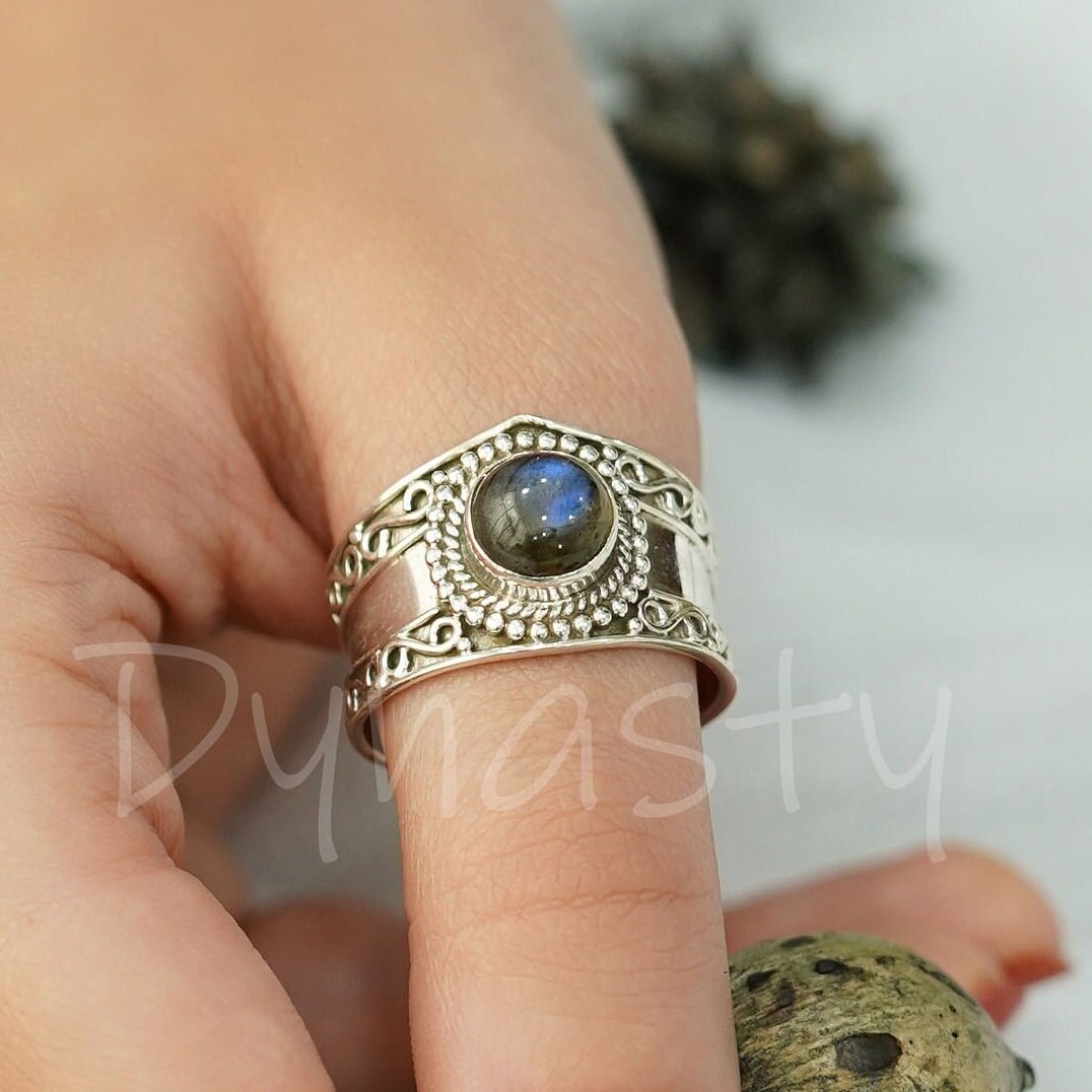 Natürlicher Labradorit Ring, 925 Massiv Sterling Silber Boho Runder Ring Für Frauen, Silberring, Designer von SilverDynasty