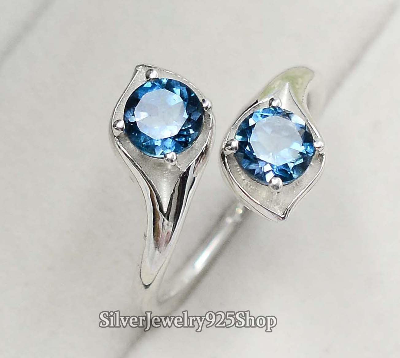Natürliche London Blauer Topas Ring | Dezember Geburtsstein Zwei-Stein-Ring Stein Cut Frauen Verlobungsring Geschenk Für Freund von SilverJewelry925Shop