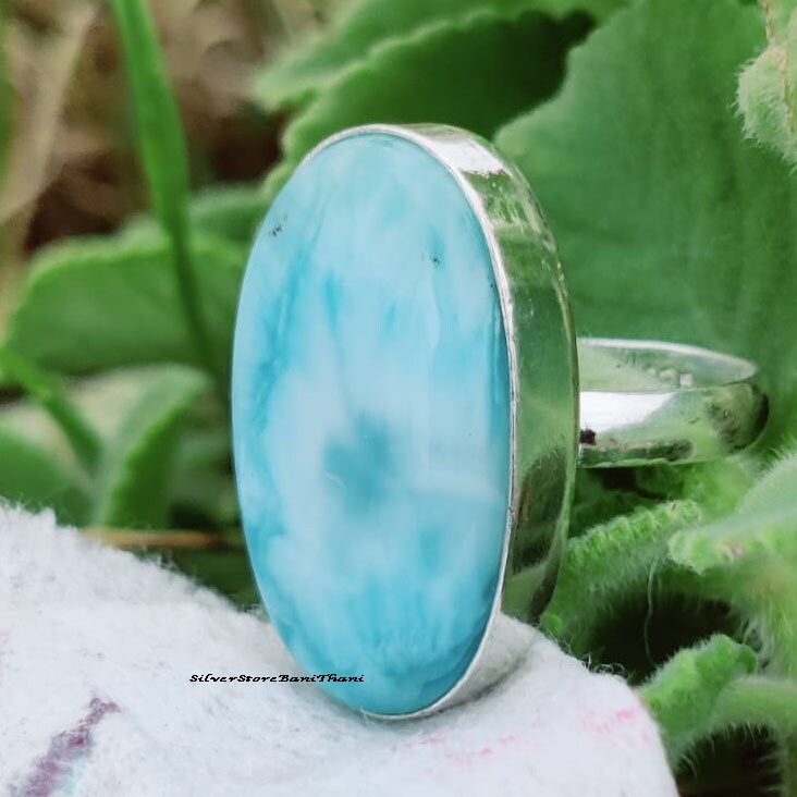 Echter Larimar Ring, 925 Sterling Silber Handgemachter Schmuck, Hochzeitsschmuck, Natürlicher Silberschmuck, Zierlicher Geschenk Für Sie von SilverStoreBaniThani