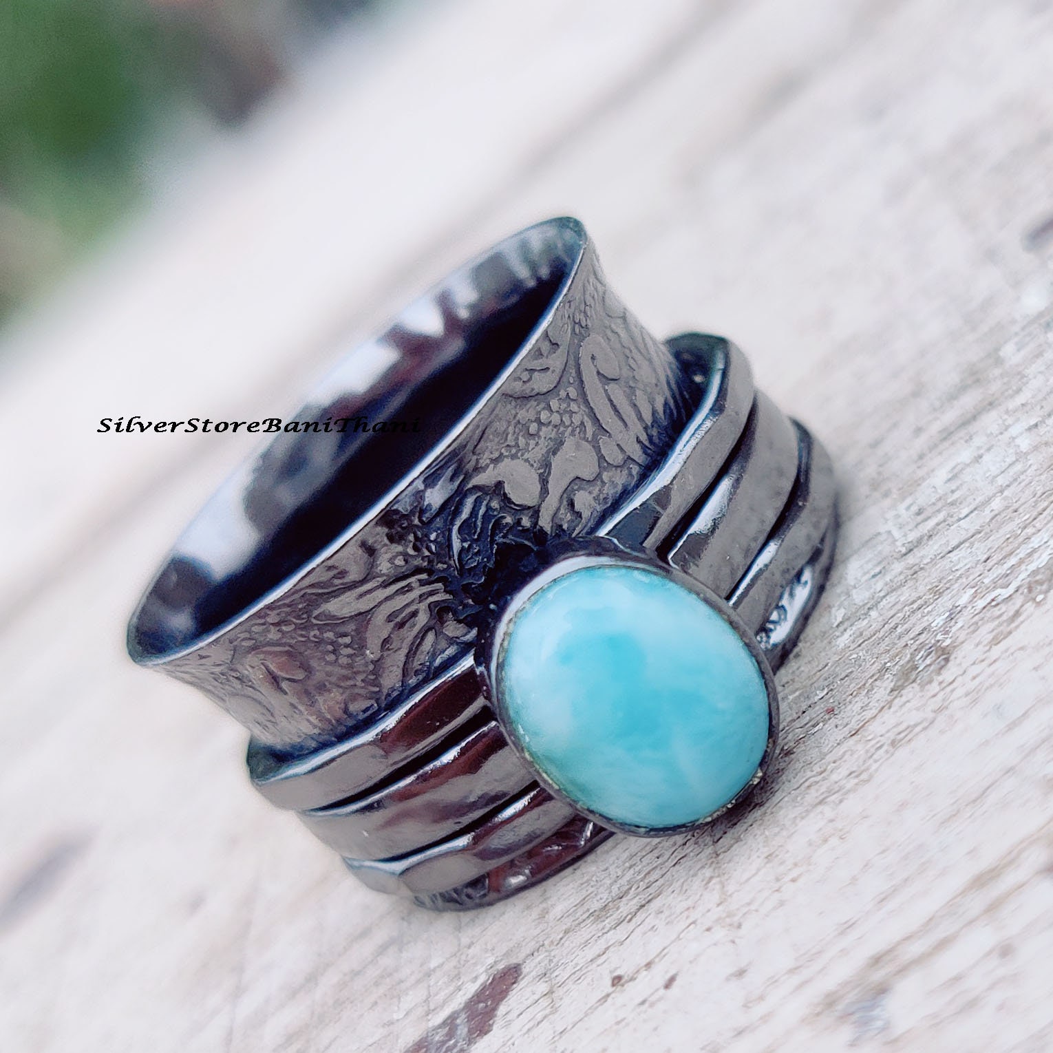 Echter Larimar Spinner Ring, 925 Sterling Silber Handgemachter Schmuck, Hochzeitsschmuck, Breiter Geschenk Für Sie von SilverStoreBaniThani