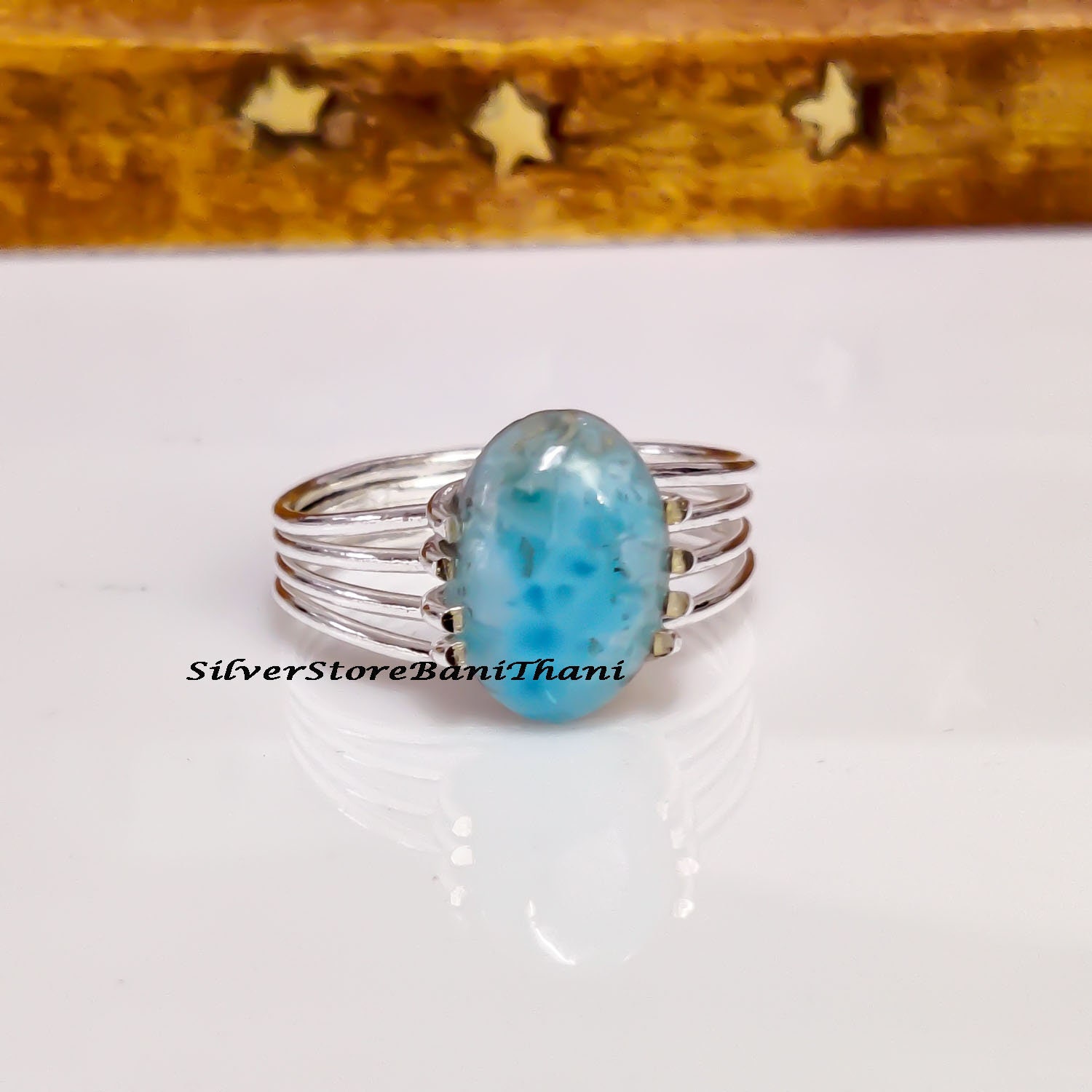 Larimar Ring, 925 Sterling Silber Statement Oval Form Blauer Stein Ehering, Handgemachter Geschenk Für Frauen von SilverStoreBaniThani
