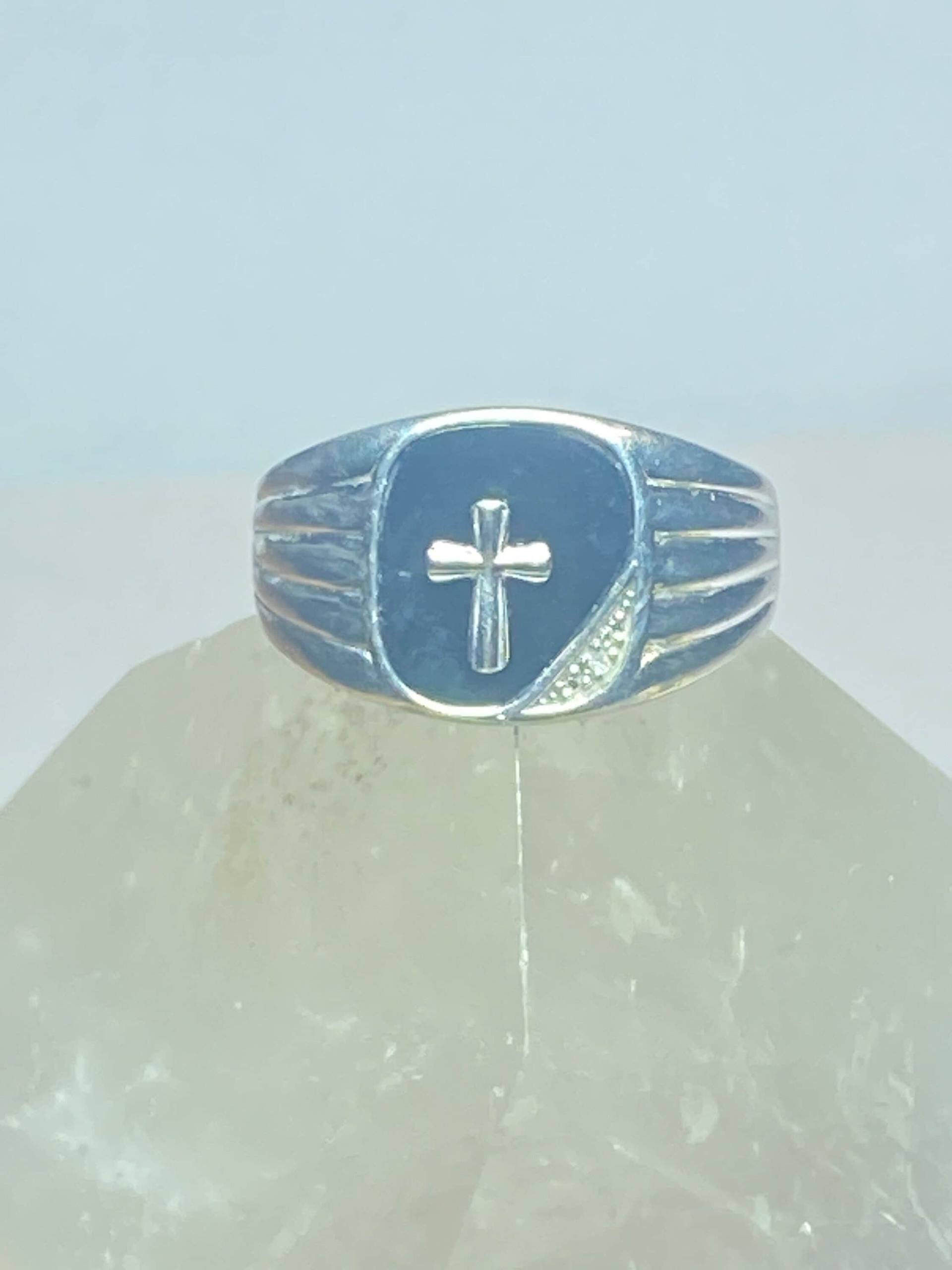 Kreuz Ring Onyx Band Religiöses Sterling Silber Frauen Männer Größe 12 von Silvercity925