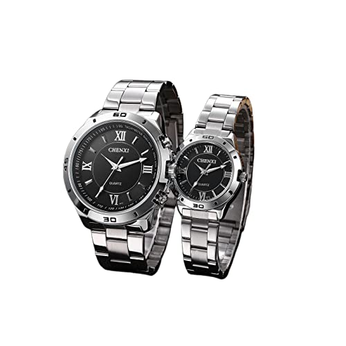 Silverora Armbanduhr für Damen und Herren, Quarz, Analog, Chronograph, wasserdicht, aus Edelstahl, Businessuhr, Sportuhr, lässig, Armbanduhr für Paare, Schwarz - Paar, Armband von Silverora