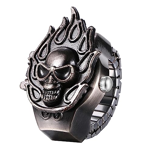 Silverora Flip-Up-Ring, Vintage, Flamme, Schädel, Quarzuhr, Fingerring, verstellbar, Halloween-Dekoration für Männer und Frauen, Flammen-Schwarz von Silverora