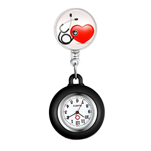 Silverora Silikon Krankenschwester Uhr einziehbar mit Stethoskop Herz Muster Revers Clip-on Taschenuhr für Arzt Krankenschwestern Silikonhülle für Frauen und Männer von Silverora