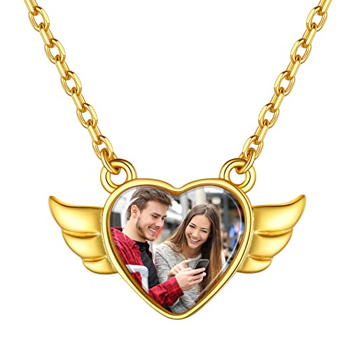 Benutzerdefinierter Foto Anhänger Halsktette Herzförmige Flügel Foto Anhänger Bilder Amulett mit Wunsch Gravur Namen Gravur in Gold mit 41cm+5cm Kette Geschenk für Geburtstag Weihnachten Valentinstag von Silvora