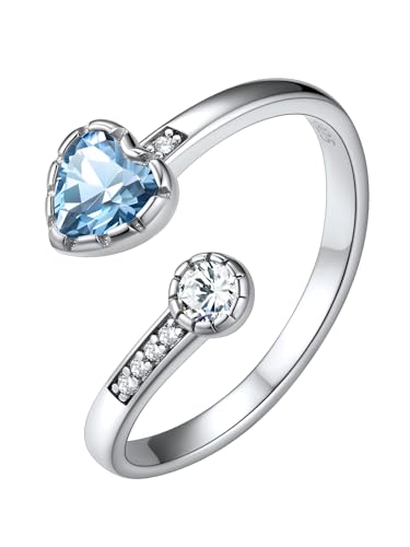 Silvora 2mm breit Damen Aquamarin Fingerring 925 Silber Verstellbarer Offener Herz Zirkonia Verlobungsring Ehering Trauring Ringgröße 52 (16.5)-62 (20) für Damen Frauen Mädchen von Silvora