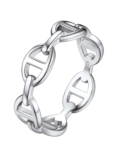 Silvora Damen Frauen Ketten Bandring aus S925 Silber Minimalischtischer Mariner Ring Stapelbarer Schlichter Panzerkette Fingerring in Weißgold Ringgröße 59（18.9） Hochzeit Verlobungsring von Silvora