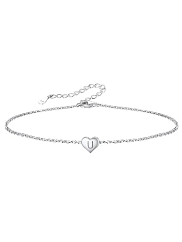 Damen Fußkette/Armbänder mit Buchstaben U Herzen Initiale S925 Silber Alphabets Initialen Anhänger 22cm+5cm Geburtstag Geschenk für Damen Frauen Mädchen von Silvora