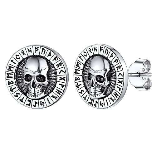 Silvora Gothic Herren Männer Ohrring Viking Totenkopf Ohrstecker 925 Sterling Silber Viking Rüne Schädel Ohrstecker Punk Männer Jungen Totenkopf Ohrstecker Ohrschmuck von Silvora