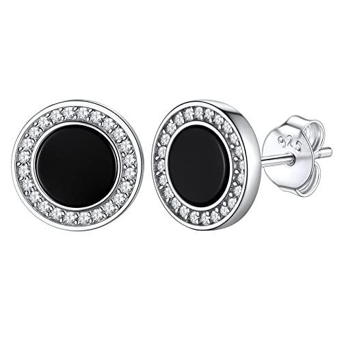 Silvora S925 Silber Schwarzer Onyx Ohrstecker mit Zirkonia in 6mm breit Fashion Runder Zirkonia-Kristall-Ohrstecker Schwarze Achat Ohrringe in Silber für Geburtstag Valentinstag von Silvora