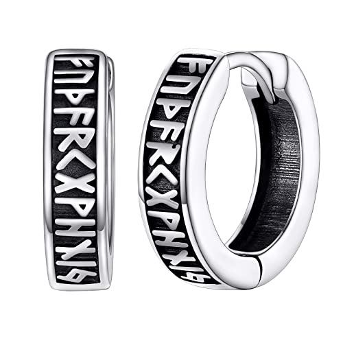 Silvora Unisex Creolen S925 Silber Viking Rune Ohrring Kleine Ohrringe Creolen Hoop Kreis Hip Hop Rune Creolen Huggie Ohrstecker Klapp Creolen Schmuck für Damen Herren von Silvora