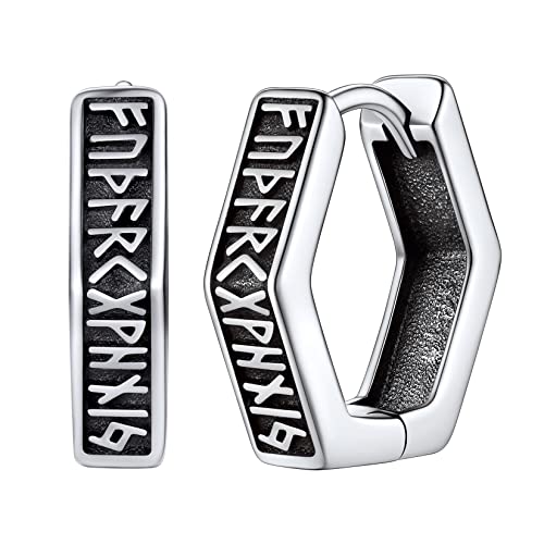 Silvora Viking Rune Ohrring für Damen Herren S925 Silber Hexagon Rune Zeichen Creolen Ohrstecker Hoop Punk Kleine Rune Ohrringe Creolen Hoop Kreis von Silvora