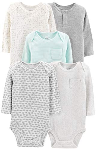 Simple Joys by Carter's Unisex Baby Long-Sleeve Bodysuit Body, Aquablau Streifen/Grau Meliert/Weiß Heide/Bär/Elefanten, Frühchen (5er Pack) von Simple Joys by Carter's