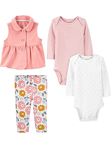 Simple Joys by Carter's Baby Mädchen 4-Piece Bodysuit and Vest Set Modisches Unterhemd, Rosa/Weiß Punkte/Floral/Streifen, 0 Monate (4er Pack) von Simple Joys by Carter's