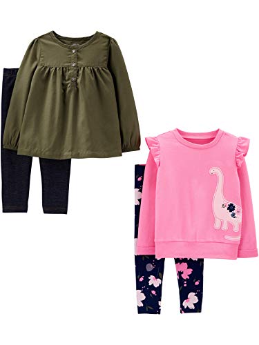 Simple Joys by Carter's Baby-Mädchen 4-Piece Long-Sleeve Shirts and Pants Playwear Set Hosenset, Marineblau Floral/Olivgrün/Rosa Dinosaurier/Schwarz, 12 Monate von Simple Joys by Carter's