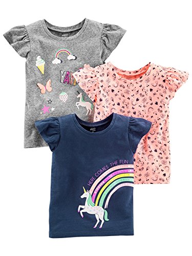 Simple Joys by Carter's Baby Mädchen Short-Sleeve and Tops, Pack of 3 Fashion-t-Shirts, Grau Regenbogen/Hellorange Muster Mix/Marineblau Einhorn, 2 Jahre (3er Pack) von Simple Joys by Carter's