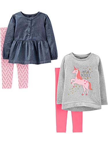 Simple Joys by Carter's Mädchen 4-Piece Long-Sleeve Shirts and Pants Playwear Set Hosenset, Grau Einhorn/Hellrosa/Jeans/Rosa, 4 Jahre von Simple Joys by Carter's