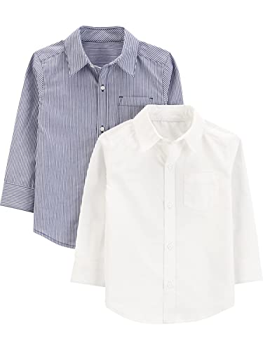 Simple Joys by Carter's Jungen Long-Sleeve Woven, Pack of 2 Button-Down-Shirt, Marineblau Streifen/Weiß, 4-5 Jahre (2er Pack) von Simple Joys by Carter's